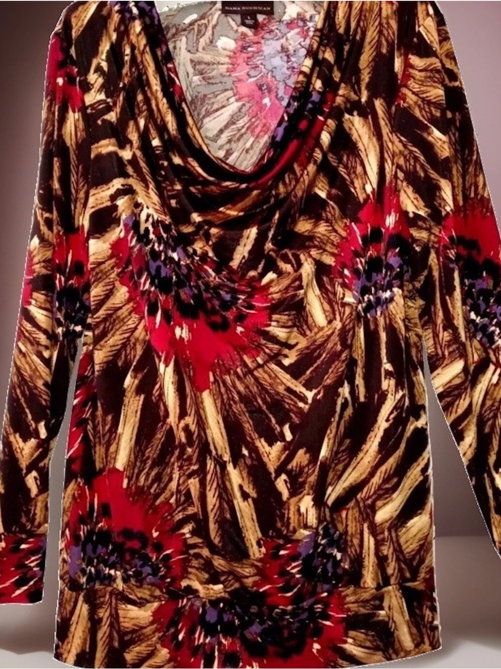 Dana Buchman Top L Beautiful Floral Stretch Knit Draped Neck Tunic Shirt Blouse